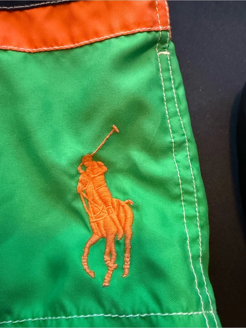 Polo by Ralph Lauren Green, Navy & Orange Striped Swim Shorts with Pony